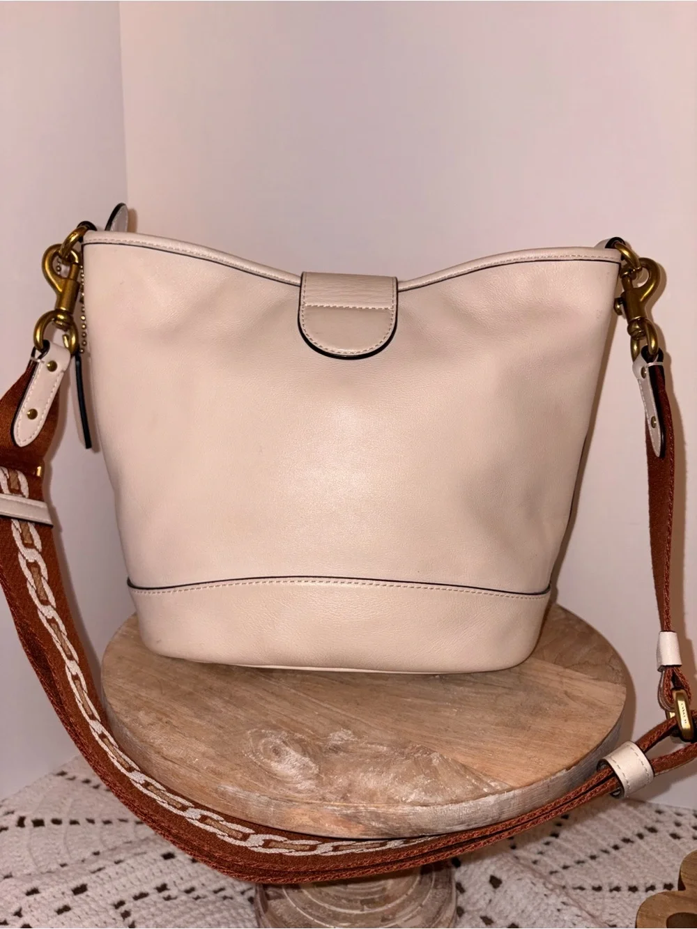 Coach chalk bucket Bag with Brown Patterned Strap and Gold Hardware